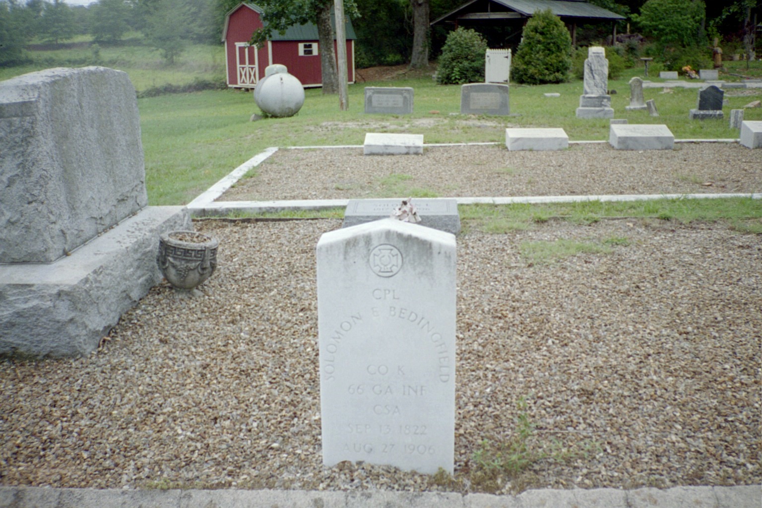 July, 2007 Photo of Solomon [Elihugh] L[orenzo] [Greyham] Bedingfield's second marker at the Corinth Methodist Cemetary in Winder, Georgia taken by CEW